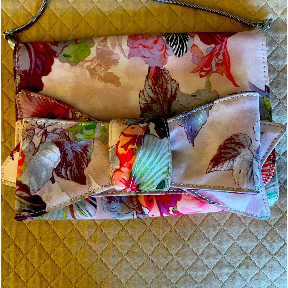 Ted Baker pink floral clutch adjustable silver chain evening bag